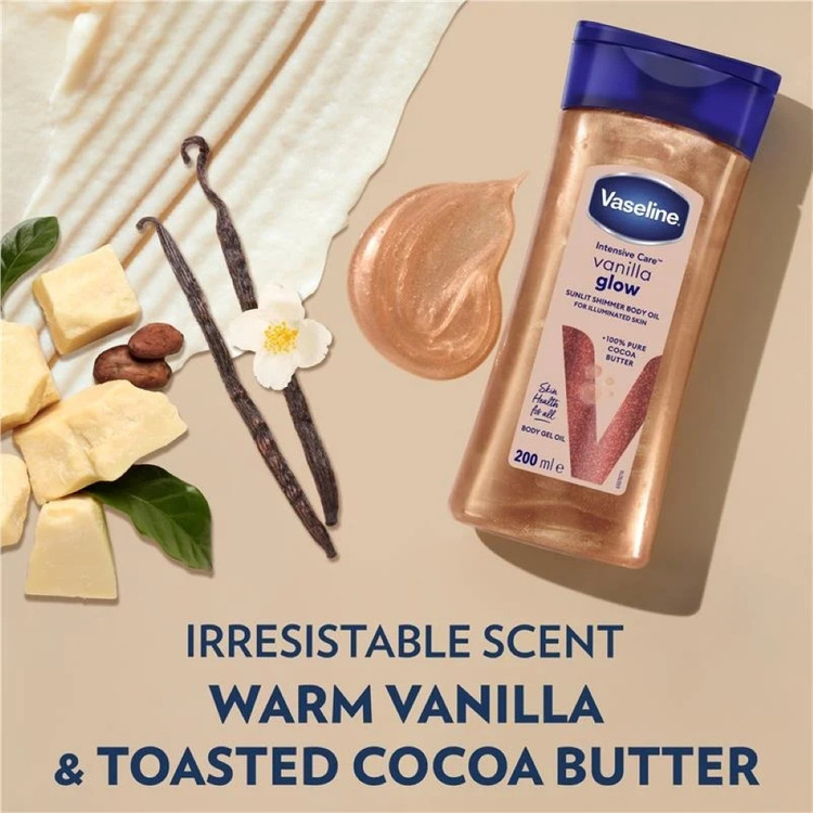 روغن بدن شاین دار وانیل و کاکائو وازلین vaseline sunlit glow vanilla cocoa gel oil