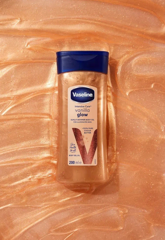 روغن بدن شاین دار وانیل و کاکائو وازلین vaseline sunlit glow vanilla cocoa gel oil