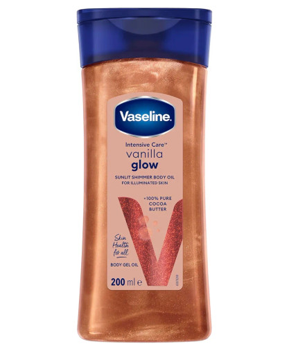 روغن بدن شاین دار وانیل و کاکائو وازلین vaseline sunlit glow vanilla cocoa gel oil