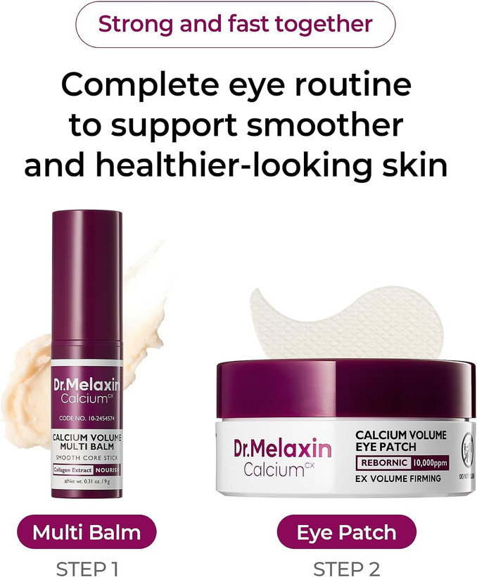 بالم کلسیم دکتر ملاکسین در کنار پچ دور چشم Calcium Volume Eye Patch